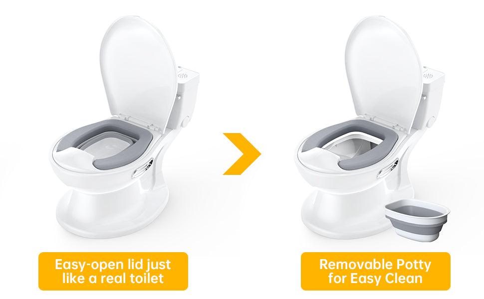 GARVEE Potty Training Toilet for Toddlers: Realistic Design with Soft Seat, Flushing Sound, Removable Pot, Storage Tank, Toilet Paper Holder, Splash Guard, and Non-Slip Base for Easy Use and Comfort.