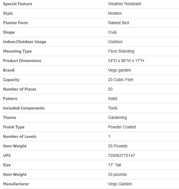 Vego Garden 17" Tall 9 in 1 8ft X 2ft Metal Raised Planter Bed for Vegetables Flowers Ground Planter Classic Design Easy Access