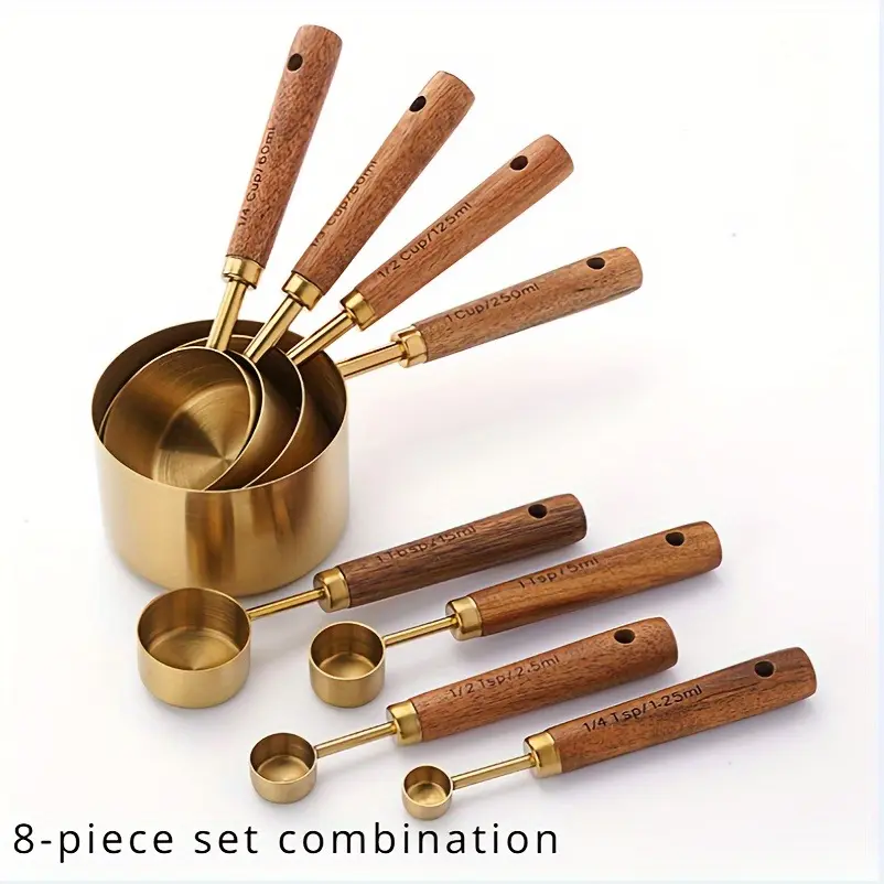 8pcs Stainless Steel Measuring Cups and Spoons Set with Acacia Wood Handles, Durable Kitchen Baking Tools with Specialized Utensils for Spices and Coffee, Nesting Design for Easy Storage