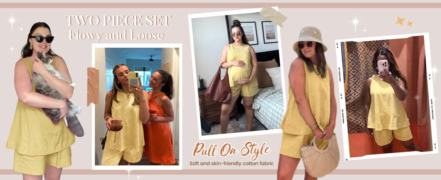 Yeokou Women's 2 Piece Outfits Sleeveless Matching Sets A Line Tank Tops Contrast Stitching High Waist Shorts with Pockets