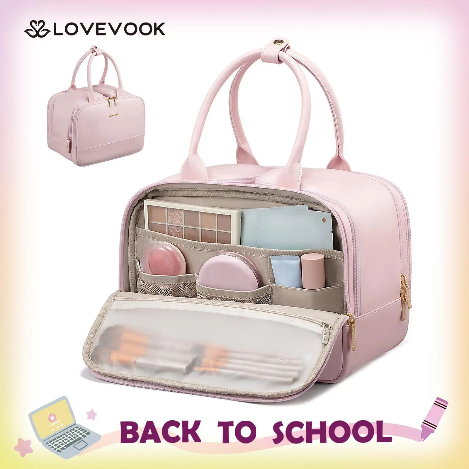 LOVEVOOK Travel Toiletry Bag for women, Leather Large Wide-open Makeup Bag, Waterproof Cosmetic Bag Organizer for Shower, Traveling, Toiletries, Bathroom