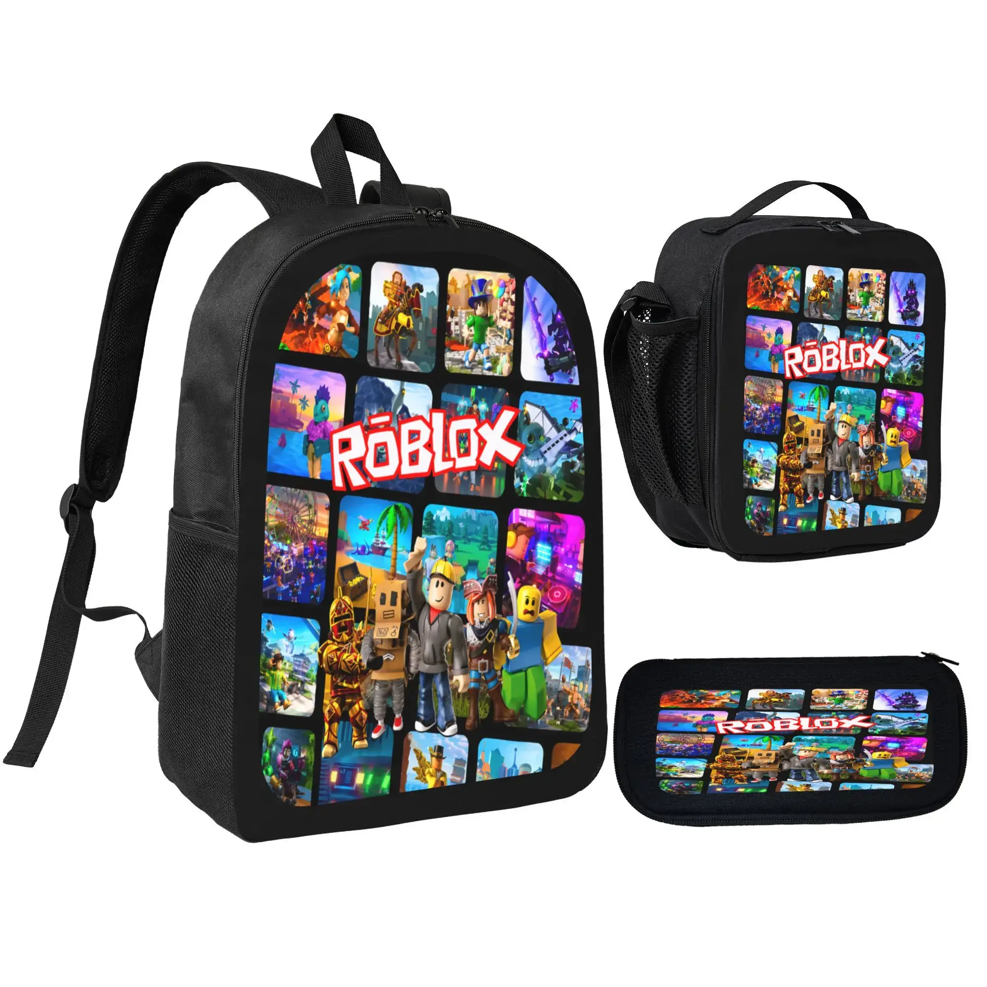 Roblox-Themed 3-Piece Backpack Set (Backpack, Lunch Bag, Pencil Case) - 17in Polyester, Lightweight, Durable, High-Capacity, Adjustable Straps, Zipper Closures - Back-to-School Sale, Kids Backpack, Cartoon Backpack