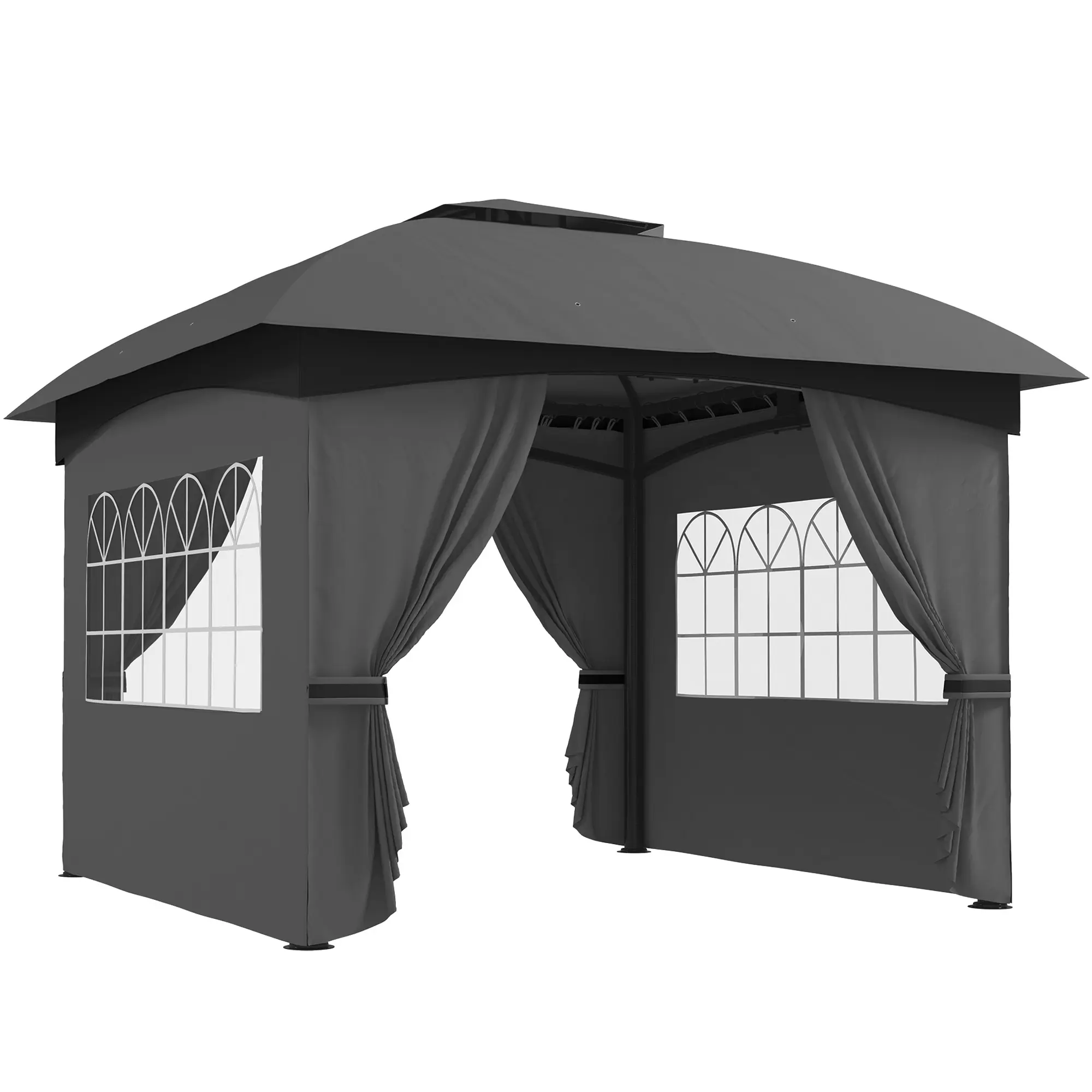 Outsunny 11' x 11' Outdoor Gazebo, Arc Patio Gazebo Canopy Shelter, UV Protected, with Curtains, Church Windows, Double Roof, Galvanized Steel Frame for Lawn, Backyard and Deck, Dark Gray