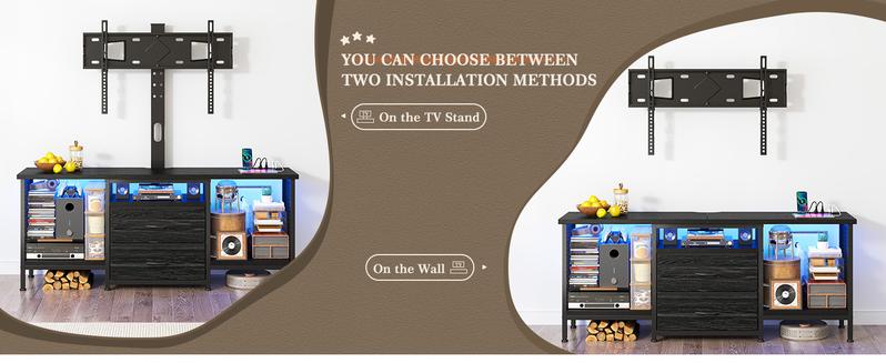 RaybeeFurniture TV Stand with Mount and Power Outlet and LED for 32-65 Inch TVs, Swivel and Adjustable TV Stand for Bedroom with 2 Fabric Drawers, Modern Entertainment Center