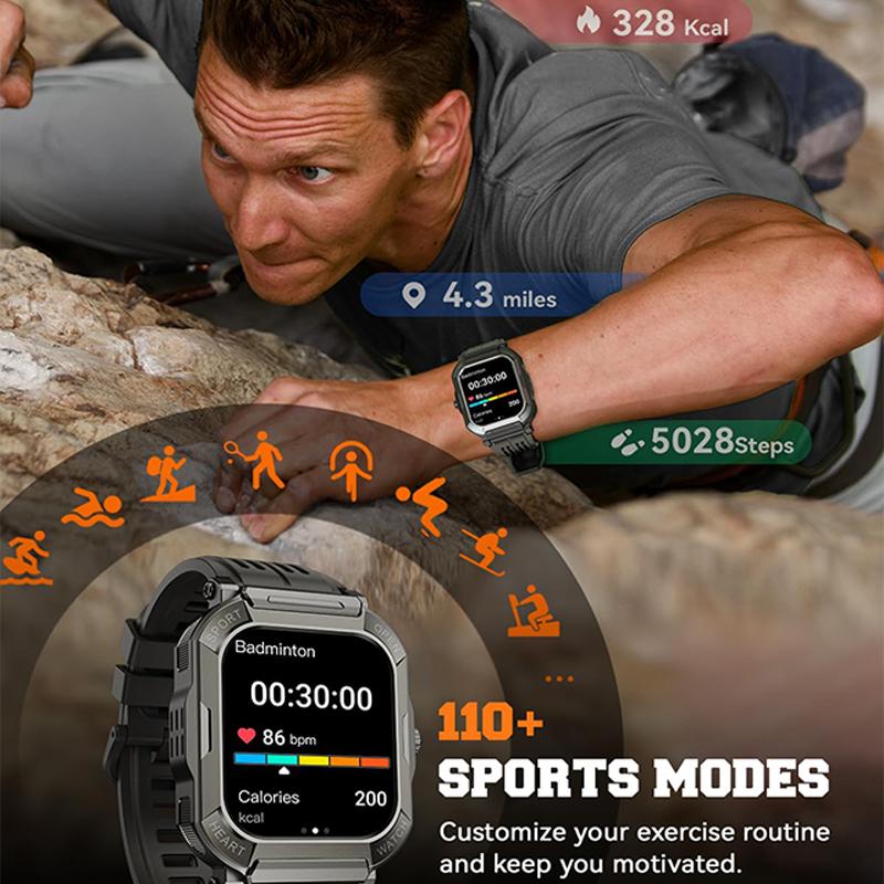 [Spring Deals] Tukio 2026 Military Smart Watch for Men 1.91'' Fitness Tracker with IP68 Waterproof Step Counter Sleep Monitor 110+ Sport Modes Compatible with Android & iPhone Wearable