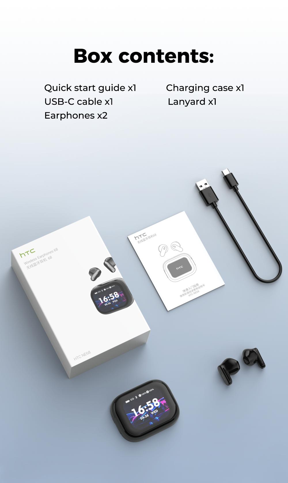 HTC NE68 Bluetooth 6.0 Earphones LCD Touch Screen IPX5 Waterproof Wireless Headphones 60H Playtime, HD Stereo Sound Earbuds, Built-in Microphone for Travel Learning Business