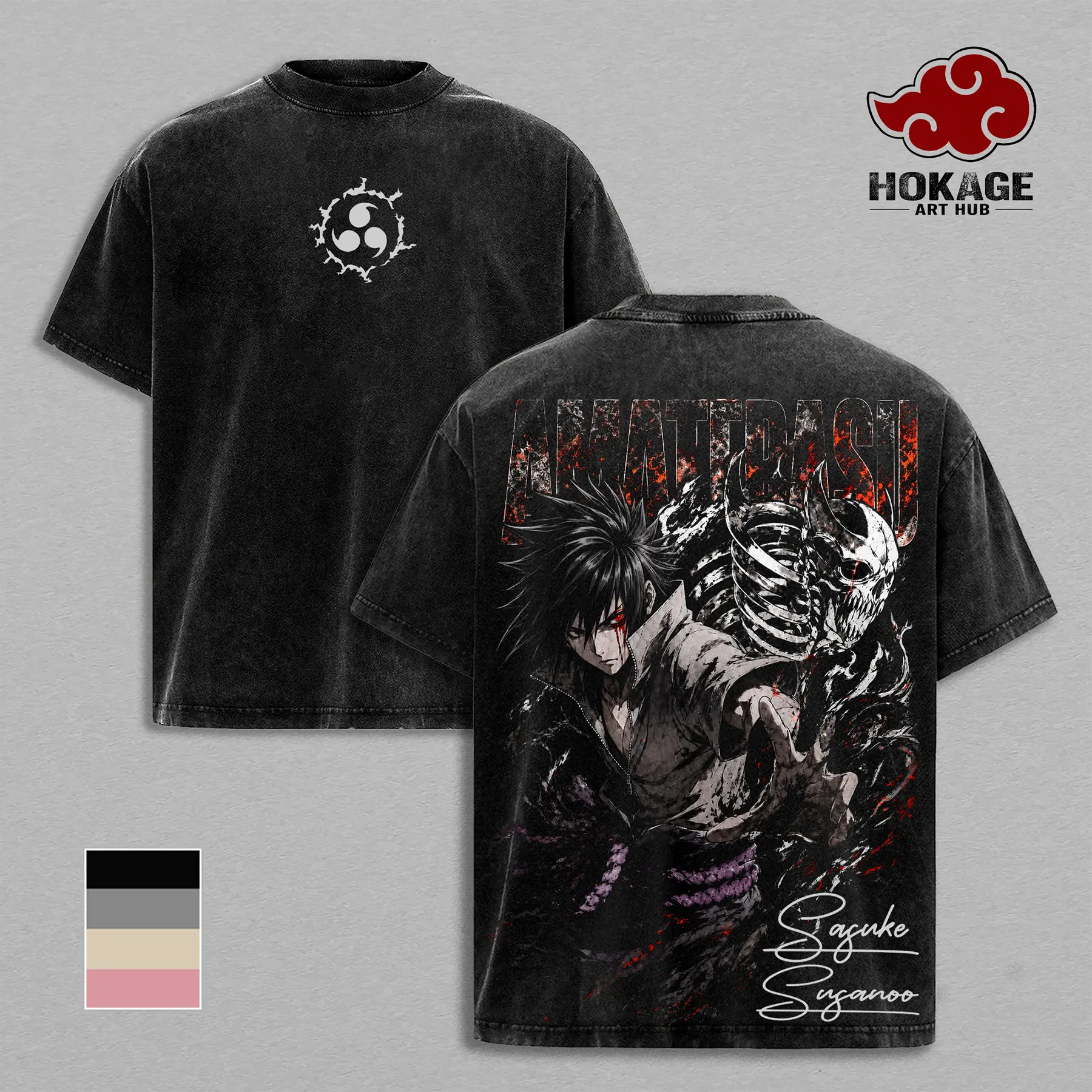 Sasuke - Susanoo NRT Amaterasu Curse Mark Double Printed Graphic Tee, Vintage Washed Streetwear For Men, Heavy Cotton Oversized Shirt, Gift For Naruto And Anime Fans