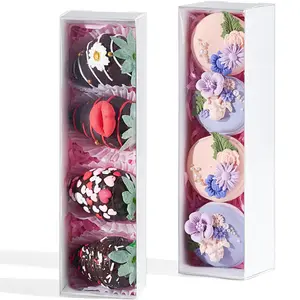25Pack White Strawberry Box for 4, Macaron Boxes, Long Treat Container for Truffles, Cookies, Ores, Chocolate Cocoa Bombs, Cake Ball Birthday Party Favors&Bakery Supplies
