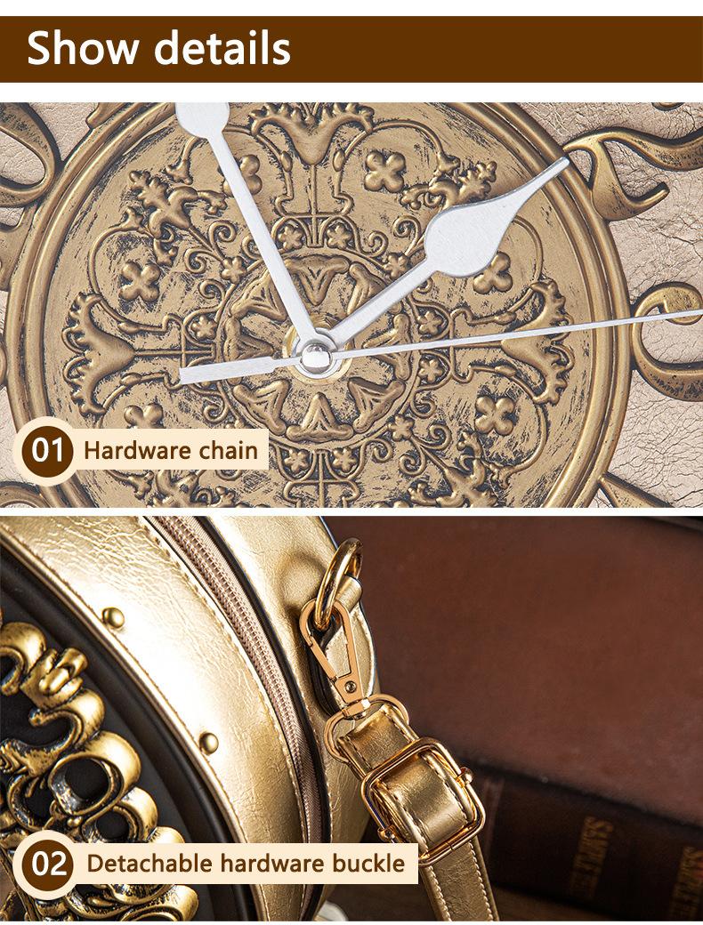 Ladies' Retro Roman Digital Clock Face Crossbody Bag with Adjustable Straps Golden Hardware Zipper Closure Bell-shaped Design Large Dial Black Hands Casual Flap Pocket