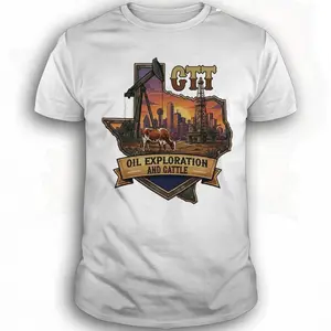 Funny Texas Sunset Oil Exploration Graphic T-Shirt, Western Cattle Ranch Vintage Tee, Rustic Country Humor Shirt, Cowboy Aesthetic Graphic Tee, Unisex Cotton T-Shirt