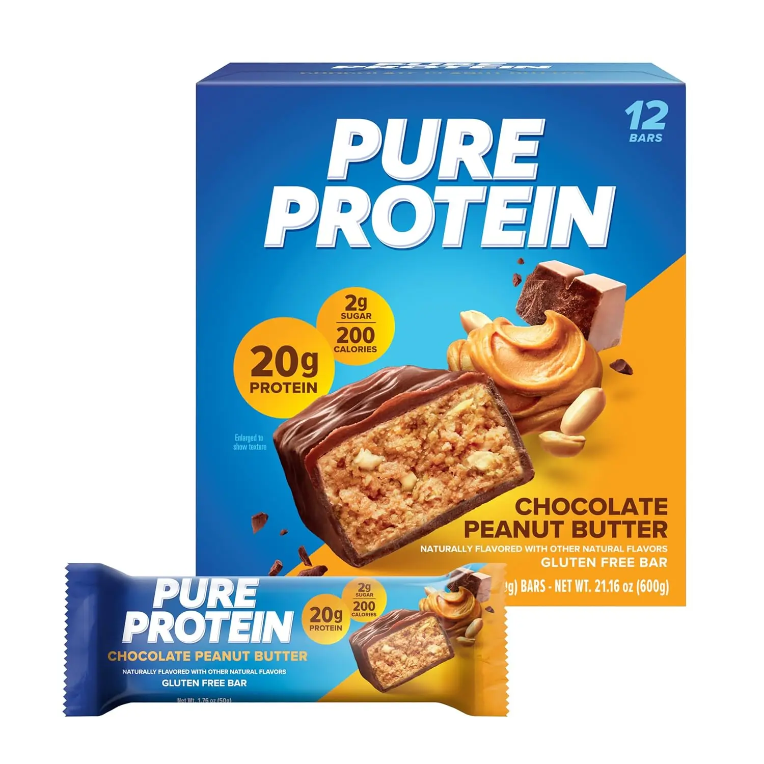 Pure Protein Chocolate Peanut Butter Protein Bars – 20g Protein, 2g Sugar, 2000 Calories (12 count) Low Sugar* High Protein Snack - Gluten Free - Perfect for a Healthy Snack