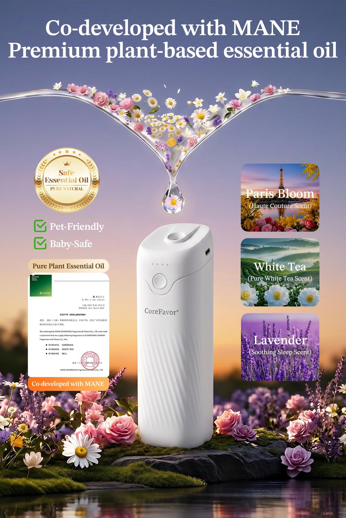 CoreFavor Waterless Essential Oil Diffuser - 120ml Aroma Oil Included, Wall-Mountable, USB Rechargeable, 4 Adjustable Scent Intensities, Low-Noise Calm Operation, Boujee Home Accessories, Ideal Gift for Bedrooms, Offices