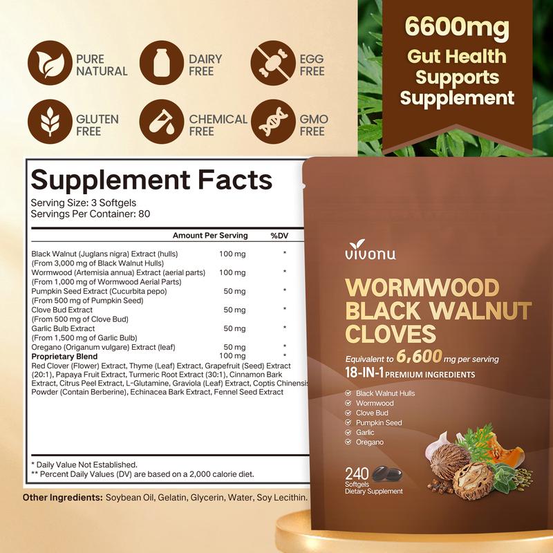 VIVONU Wormwood Black Walnut Cloves Capsules - Boost Metabolism & Enhance Energy | Contains Black Walnut, Garlic, Wormwood, and More | 240 Capsules (80-Day Supply)