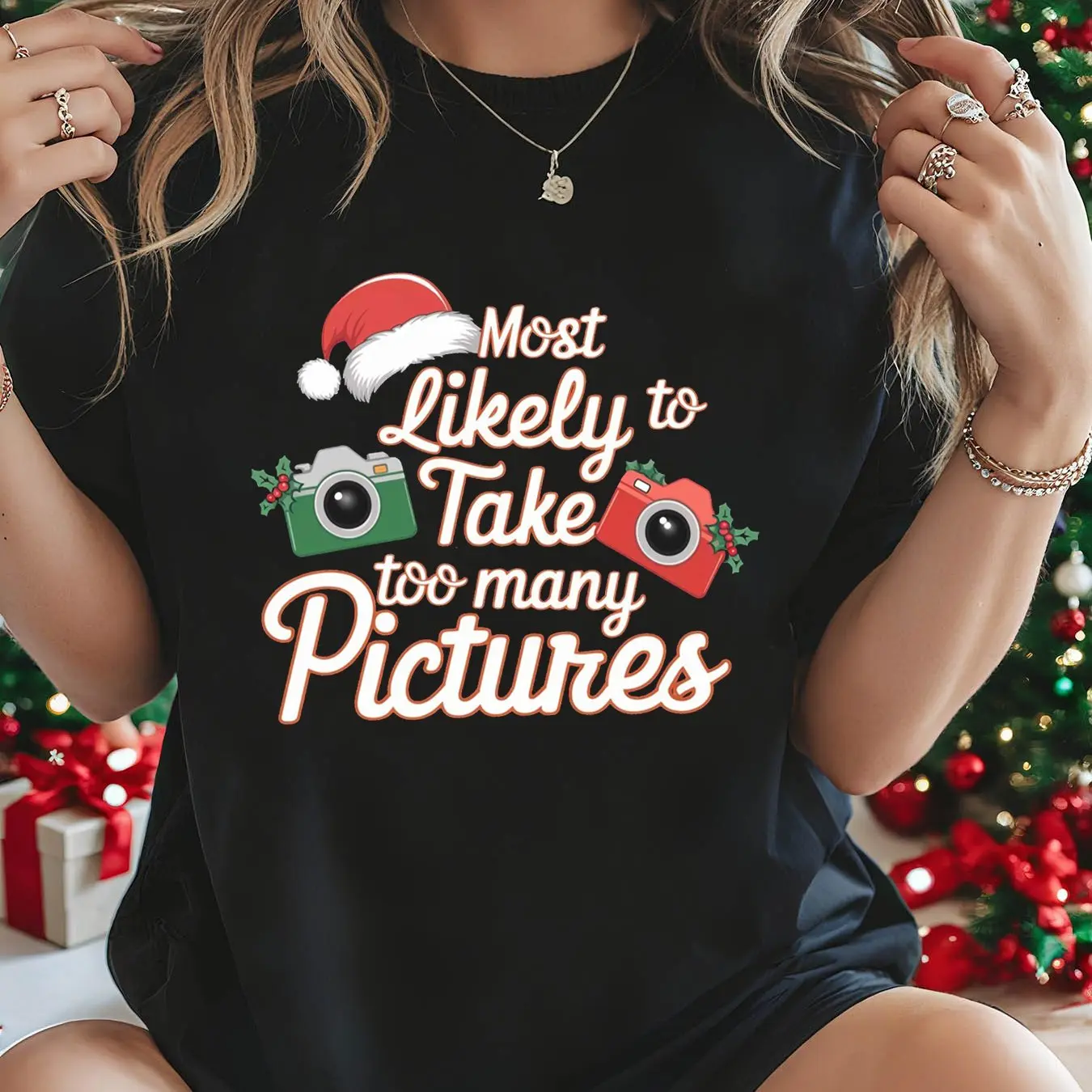 Women's Soft Round Neck Graphic T-shirt - Casual Short Sleeve Wrap Top with 'Most Likely To' Christmas Slogan, Love Theme, Machine Washable for Everyday Wear