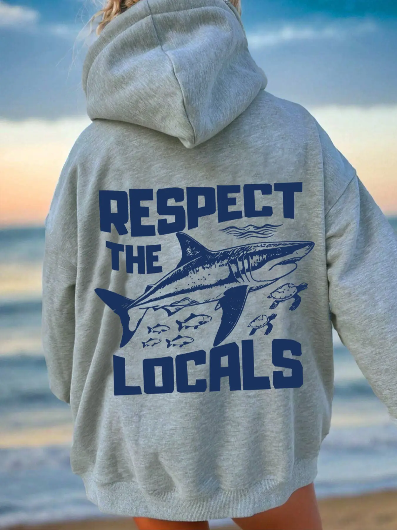 Chic Women's Shark Print Hoodie with Drawstring Detail & Pocket, Casual Long Sleeve Pullover, Fall Winter Wear