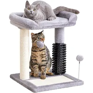 All-in-One Cat Tree with Scratching Post, Sisal Mat, Grooming Brush & Interactive Toys – Compact Design, Cozy Perch, Ideal for Keeping Indoor Cats Entertained, Groomed & Protecting Your Furniture