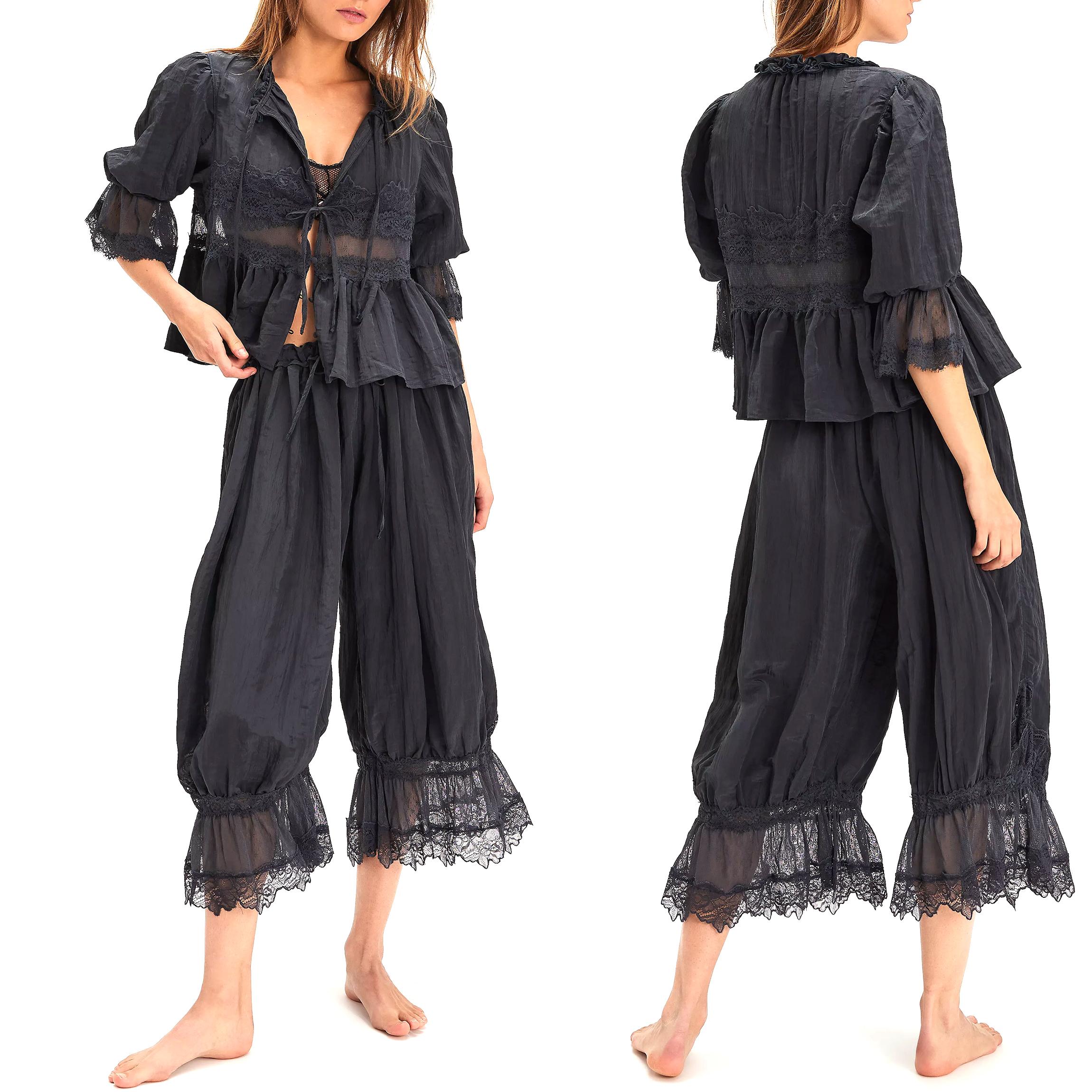 Buenoble Forever Young Lace Bloomers Pants for Women Cropped Boho Loose Fit Crinkled Fabric Fairycore Retro Style Buenoble Forever Young Lace Bloomers Pants for Women Cropped Boho Loose Fit Crinkled Fabric Fairycore Retro Style