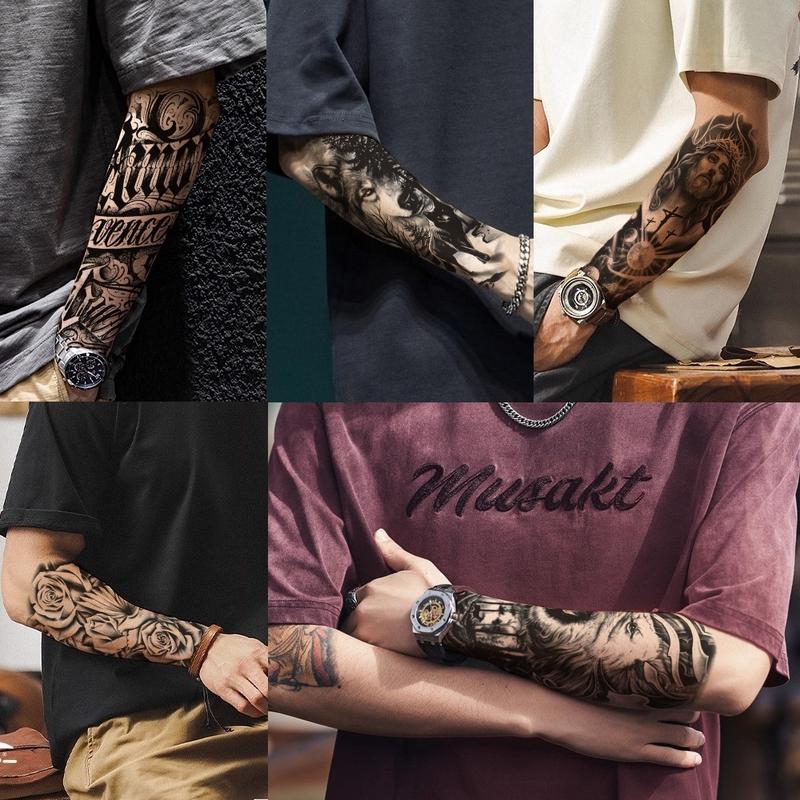 36 Sheets Large Black Temporary Tattoo Stickers with Tribal Wolf Tiger Lion Skull Designs for Men Women 12 Big & 24 Tiny Fake Tattoos for Arms Chest Shoulders