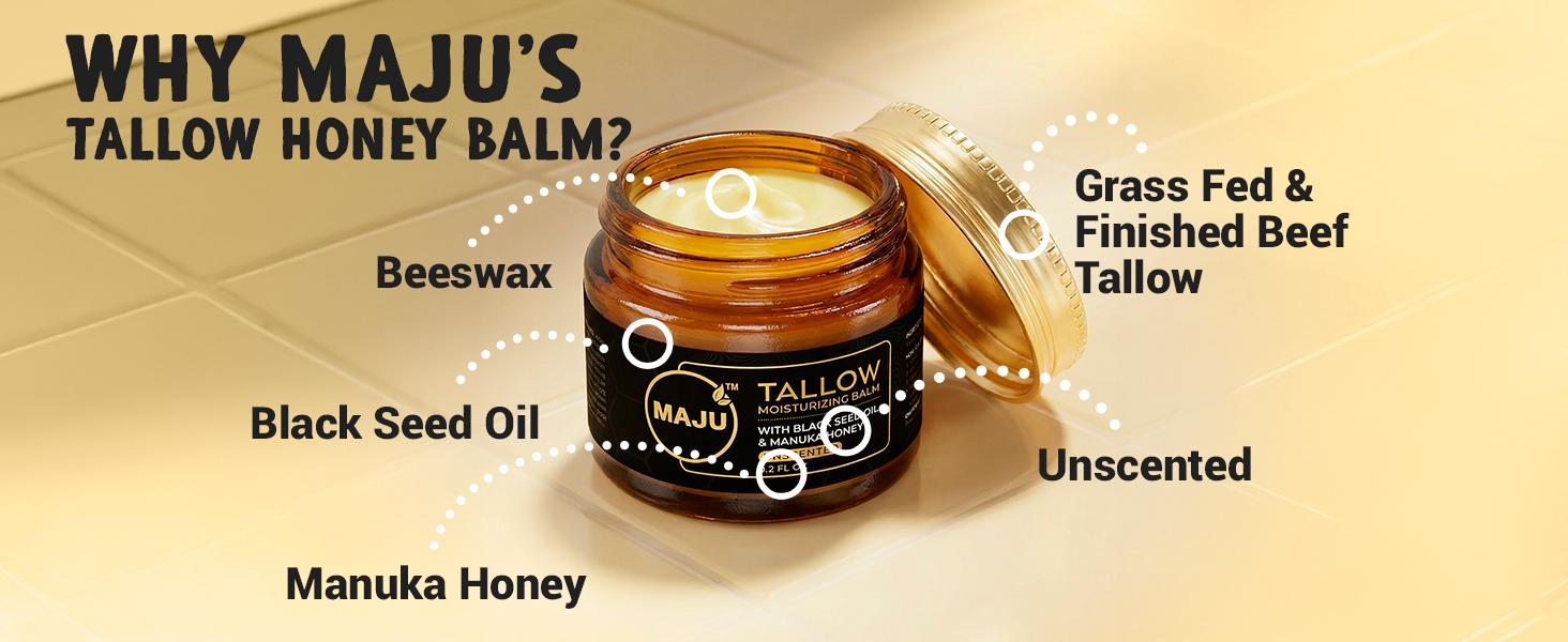 MAJU Tallow Black Seed Honey Balm, 2 FL OZ, Grassfed Beef Tallow, Manuka Honey, Organic Black Seed Oil & Beeswax, Gentle Moisturizer for All Skin Types, Radiant Hydrated Skin Care - Deeply Moisturizing