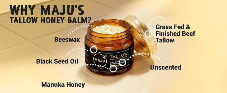 MAJU Tallow Black Seed Honey Balm, 2 FL OZ, Grassfed Beef Tallow, Manuka Honey, Organic Black Seed Oil & Beeswax, Gentle Moisturizer for All Skin Types, Radiant Hydrated Skin Care - Deeply Moisturizing