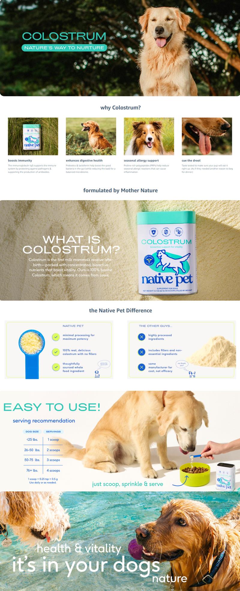 Native Pet Colostrum for Dogs – Bovine Colostrum Powder – Allergy Relief, Immune Support & Itchy Skin Treatment – Dog Multivitamins for Skin & Gut Health – Puppy Milk Replacement & Prebiotic