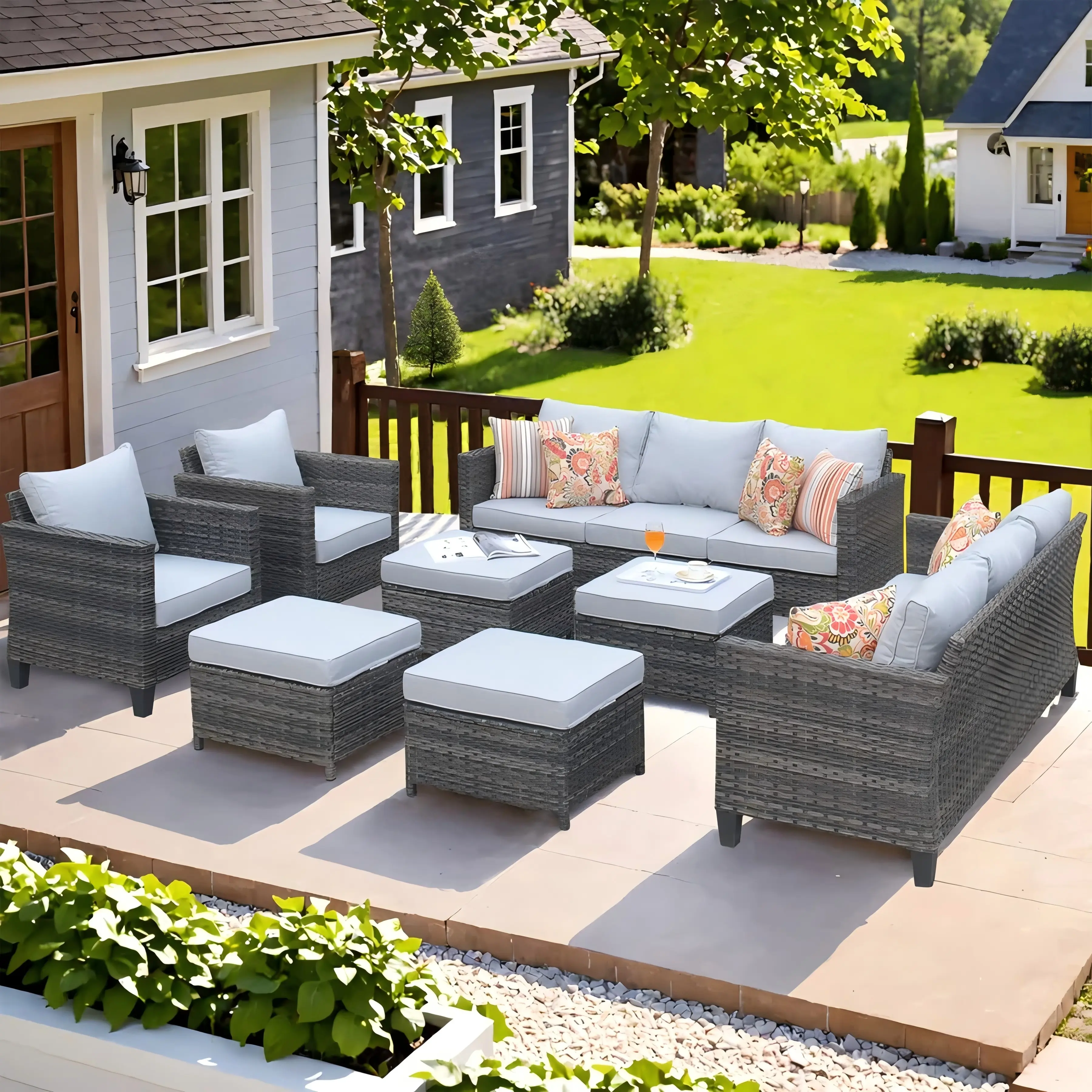 【Summerfinds】Ovios Outdoor Patio Conversation Set Vultros 8-Piece & High Back Cushions & All-Weather Wicker Outdoor Furniture for Backyard Deck