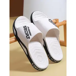 Men's Casual Letterd Print Non-slip Slides, Comfortable Soft Colorblock Slippers for Indoor Outdoor Beach Shower, All-match Commuter Shoes for Work & Daily Wear