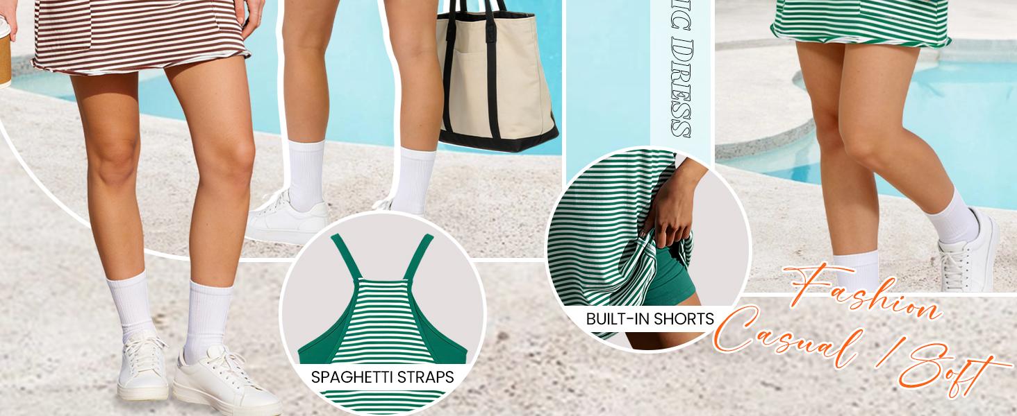 Yeokou Women's Summer Athletic Dress with Built-in Shorts - Sleeveless V-Neck Striped 95% Cotton 5% Spandex, Casual Wear, Women's Clothes, Beach Outfits, Tennis Workout Vacation, XS-XXL Brown Yeokou Women's Summer Athletic Dress with Built-in Shorts - Sleeveless V-Neck Striped 95% Cotton 5% Spandex, Casual Wear, Women's Clothes, Beach Outfits, Tennis Workout Vacation, XS-XXL Brown