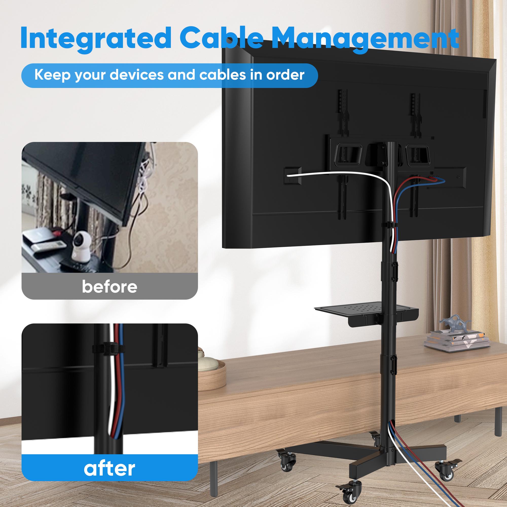 Forged Mobile TV Stand. Suitable for 23-65-inch LCD/LED flat-panel/curved TVs. 15° tilt TV cart. Capacity up to 88 lbs. Portable stand with laptop holder. Rolls flat to the floor. Lockable wheels. Max VESA 400x400mm. HeightAdjustable Portable TVStand with Forged Mobile TV Stand. Suitable for 23-65-inch LCD/LED flat-panel/curved TVs. 15° tilt TV cart. Capacity up to 88 lbs. Portable stand with laptop holder. Rolls flat to the floor. Lockable wheels. Max VESA 400x400mm. HeightAdjustable Portable TVStand with