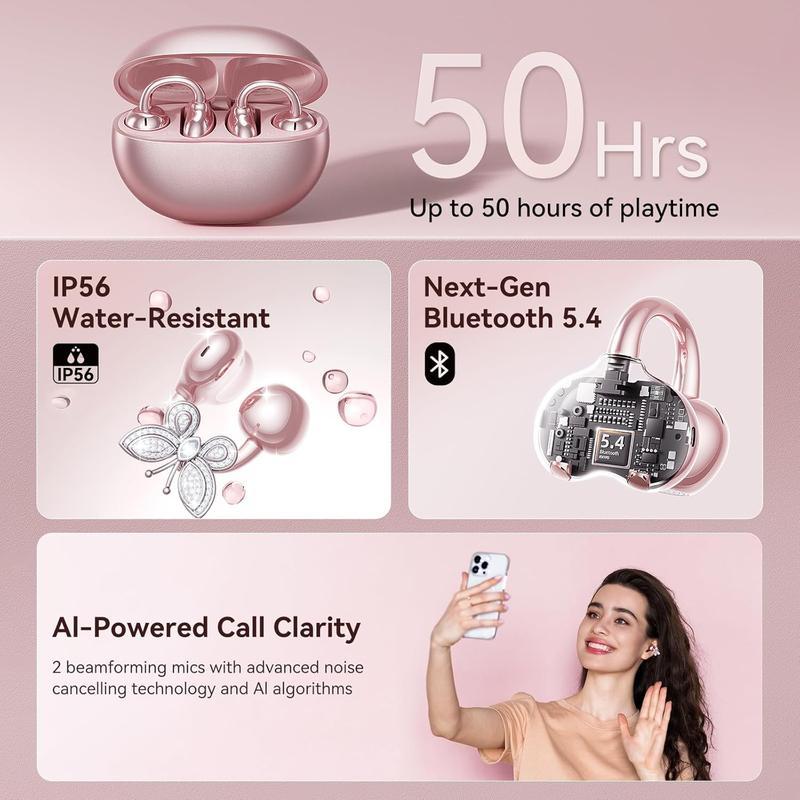 [Valentine's Day] Tukio 2026 Jewelry-Inspired Clip-On Earbuds with Butterfly Earrings Comfortable Fit 50H Playtime Bluetooth 5.4 Wireless Headphones for Women Sports Workouts