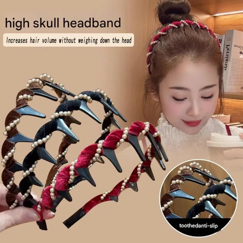Vintage High-Cranium Artificial Pearl Hairband with Rhinestones - Bridal Hair Hoop, Zig Zag Headbands, Knotted Headband for Weddings, Bling Hair Fashion (Buy 1 Get 2 Free), Anniversary, Ceremony, Rhinestone Detail