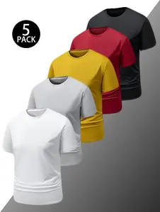 Men's 5-Piece Solid Color Sports T-Shirt Set - Breathable Quick-Drying Crew Neck Short-Sleeved Tees for Daily Leisure & Outdoor Activities