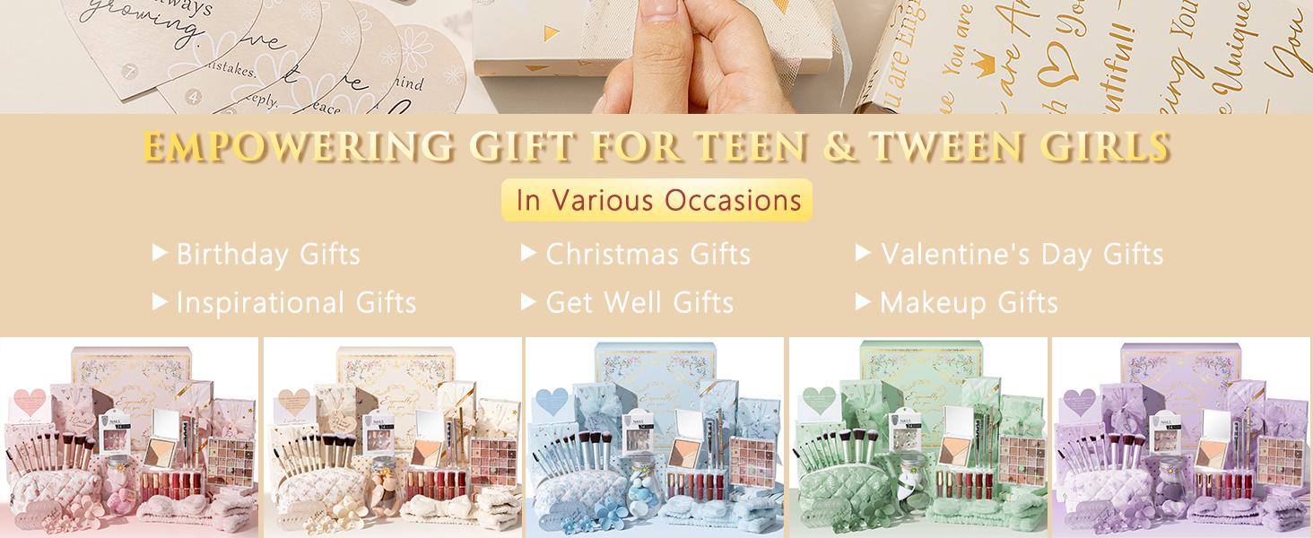 MAYICIVO Easter Gifts for Teen & Tween Girls Trendy Makeup Gift Set with Positive Affirmation Cards – 10 Individually Wrapped Beauty Gifts with Empowering Challenges, Motivational Birthday Gift Basket