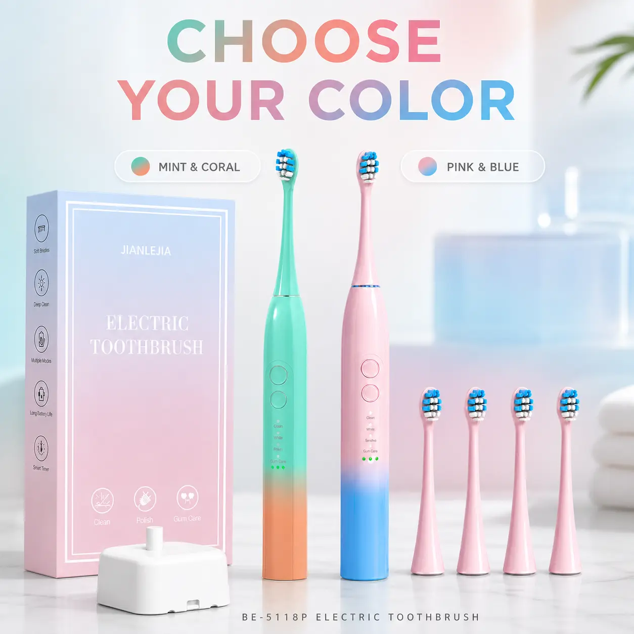 Adult Sonic Electric Toothbrush Set - Battery Operated Toothbrush for Adults, 36000 VPM, 4 Brushing Modes, Smart Timer, IPX7 Water Resistant, Cordless with Wireless Charge Base, Set Includes 4 Oral Replacement Heads, Cordless for Teeth