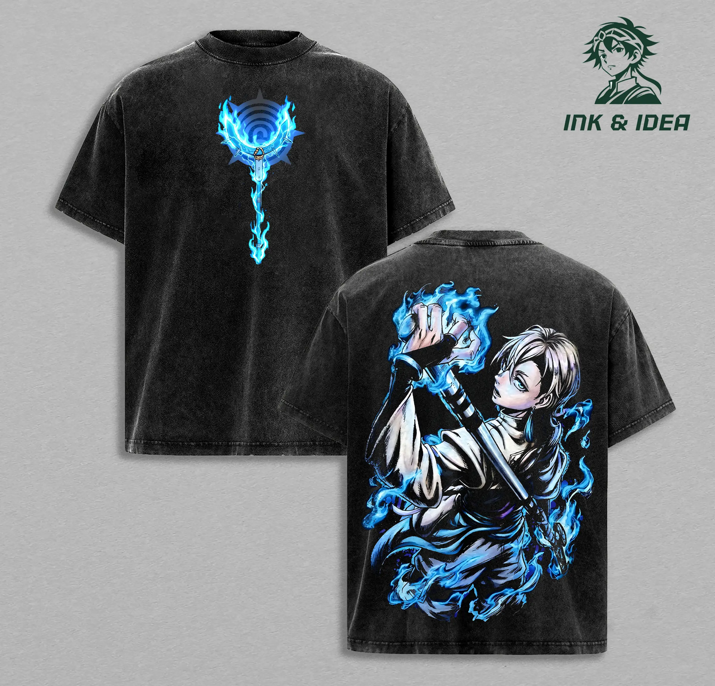 Zanka Gachiakuta Anime T Shirt Blue Flame Weapon Power Back Graphic Dark Fantasy Artwork Vintage Washed Oversized Japanese Streetwear Heavyweight Cotton Unisex Manga Tee