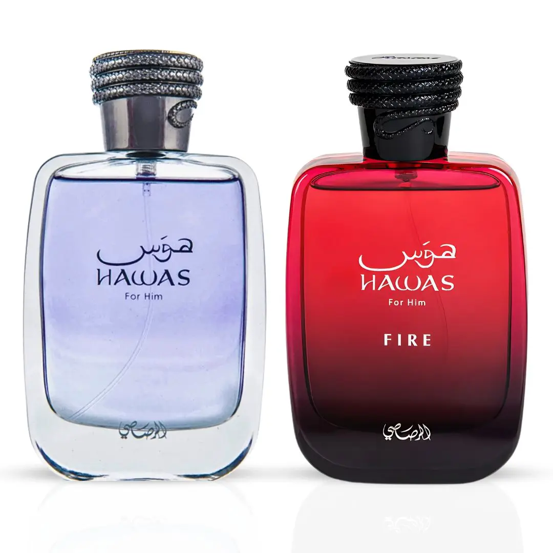 Hawas for Him & Hawas Fire Eau de Parfum Sprays 100ml (3.4 oz) by Rasasi (Bundle) - Fresh Aquatic & Marine Men’s Bundle
