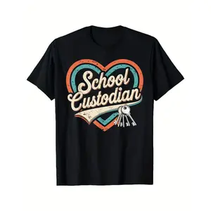 School Custodian/Janitor Appreciation T-Shirt, 180 gsm heavyweight retro graphic tee, heart and cleaning supplies design, unisex comfort fit short-sleeve work uniform for maintenance staff, gift for school staff, men and women, Black Friday