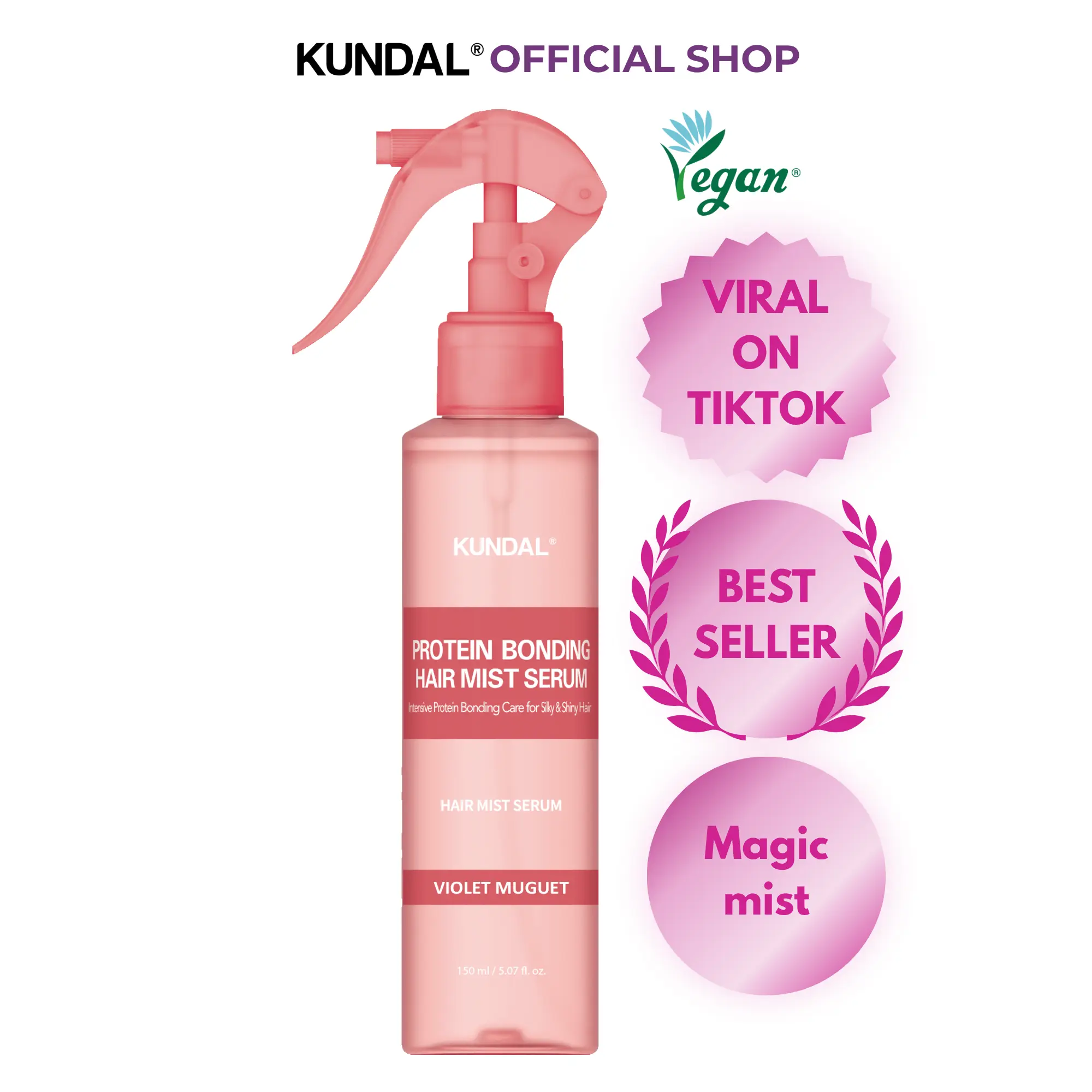 [KUNDAL] 5-in-1 Protein Bonding Mist – Instant Glossy Finish & Frizz Control, Vegan Liquid Silk Hair Serum, Heat Shield up to 450°F, Damaged Hair Repair (5.07 fl.oz)