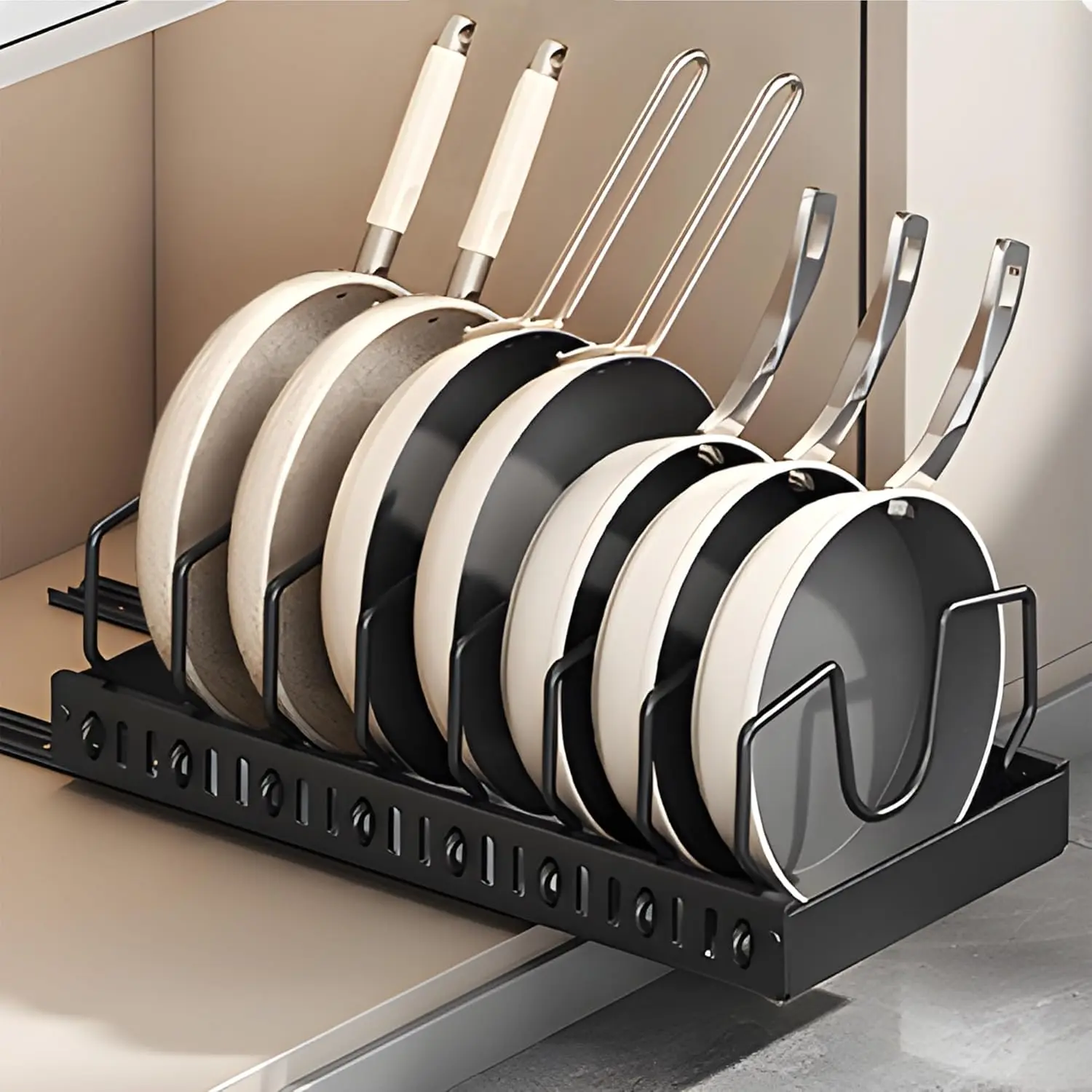 2-Pack Slide Out Kitchen Cabinet Organizer Storage Rectangle Holder - Black Metal Frame Rack with 8 Adjustable Dividers, Sliding Rails & Adhesive Tape for Pots, Pans, Pot Lids (Home Organizer Accessory)