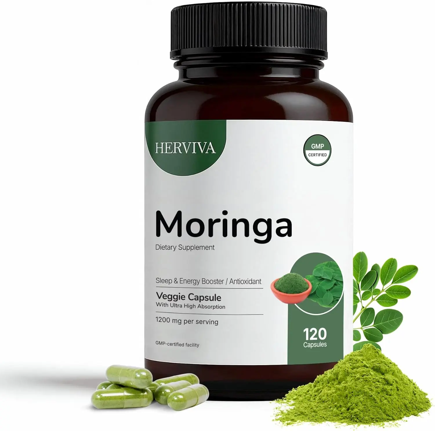 Herviva Organic Moringa Capsules, 1200mg High Potency 20:1 Extract, Antioxidant Vegan Superfood, 2caps Daily, Simple Habit, No Prep, Supports Energy & Vitality, Digestion Boost, 2-Month Supply