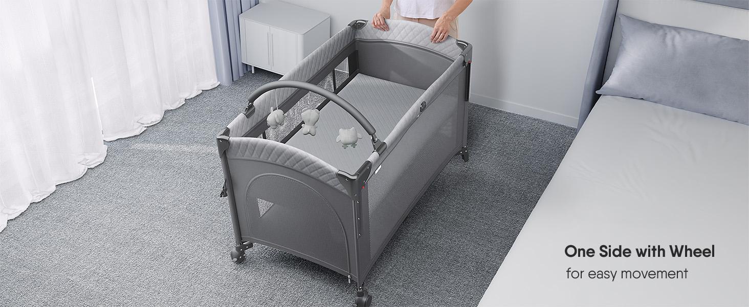 BabyBond 5 in 1 Foldable Baby Bassinets Bedside Sleeper for Newborn Infant, Large Playard Pack with Mattress,Storage Basket and Mosquito Net, Height Adjustable Baby Crib for Nursery, Ideal Christmas Gift for Toddler