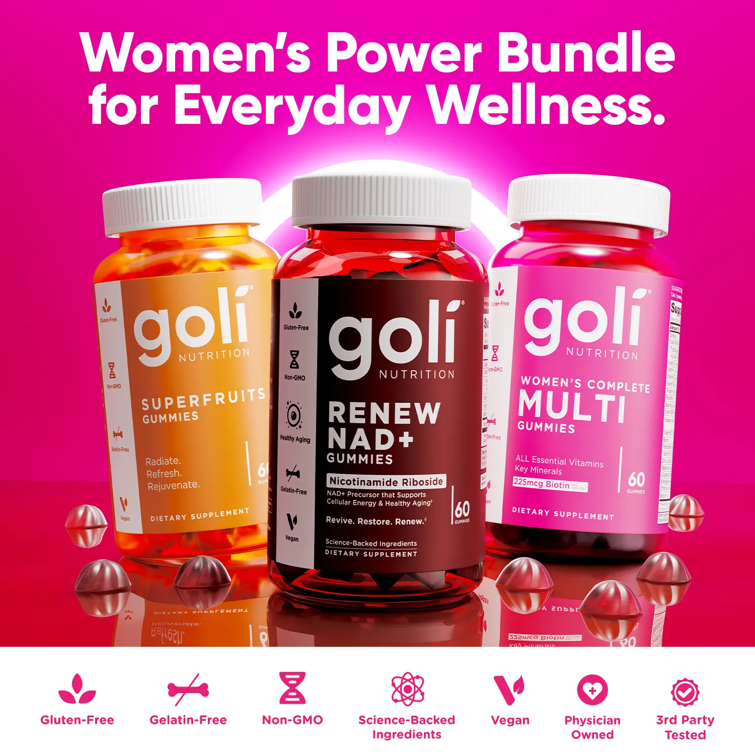 Goli’s Women’s Ultimate Glow & Renew Trio - Complete Multi (13 Essential Vitamins), SuperFruits Beauty Gummies (Collagen Boost), & Renew NAD+ (Cellular Energy) - Vegan, Non-GMO, Gluten-Free Bundle.