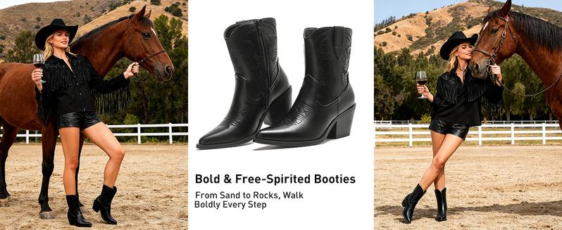 Cowboy Cowgirl Ankle Boots for Women Western Boots with Pointed Toe, Side Zipper and Chunky Heel Design