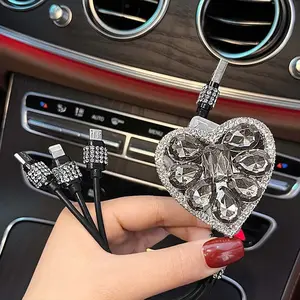 3-in-1 Bling Charging Cable with Diamond Heart Design USB Fast Charger Cord Compatible with All iPhone Models Lightning Android Type-C Micro USB Rhinestone Car Accessories for Girls and Women