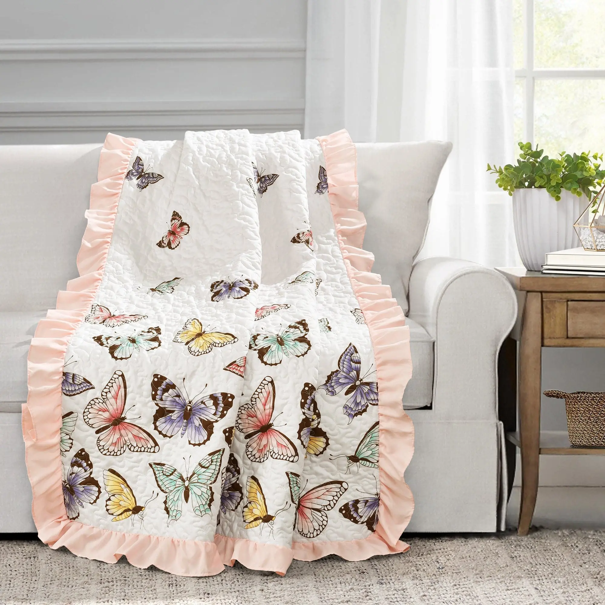 Lush Decor Flutter Butterfly Pattern Blanket - 100% Polyester Soft Ruffled Trim Cozy Throw, 60x50 in for Toddler Beds, Girl Room Decor & Room Accent, Soft Cozy Blanket