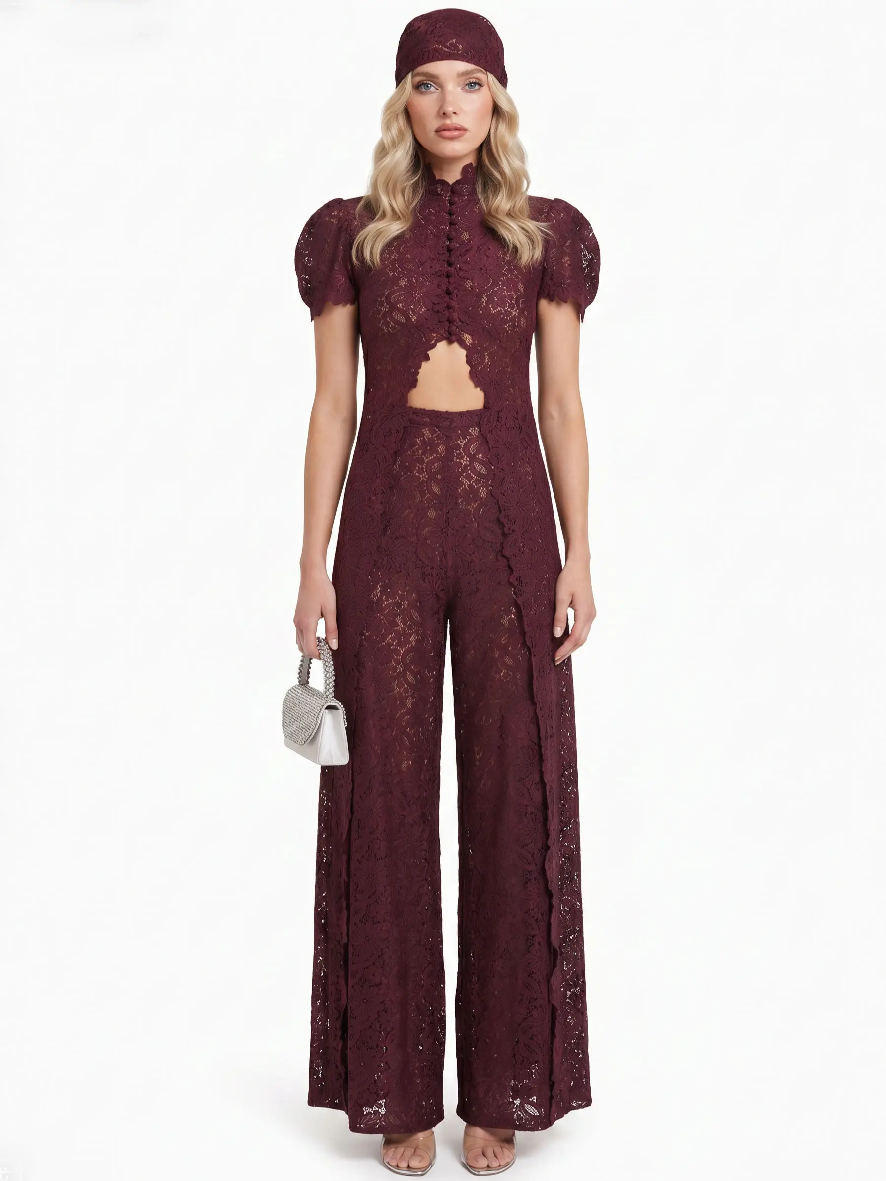 LikeMyChoice 2026 Women's Lace 2-Piece Gamis Set - High Neck Cutout Maxi Top Wide Leg Pants Elegant Formal Party Outfit Lightweight
