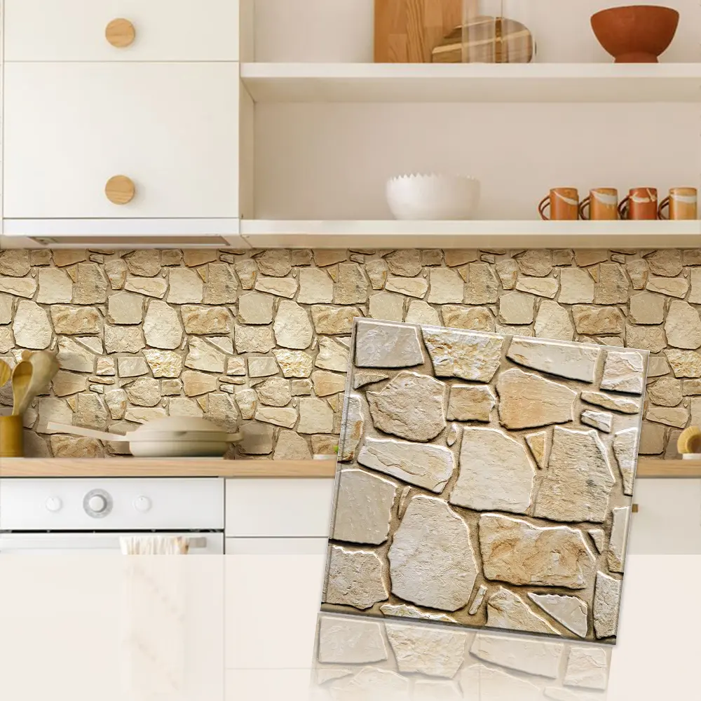 Commomy 10 Pcs PVC Foam 3D Faux Stone Wall Stickers - 11.8in x 11.8in x 0.1in Peel and Stick Textured Panels, Water Resistant, Heat-Safe Surface for Interior Room Decor, Living Room Design