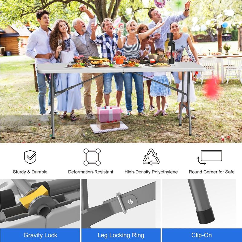 6FT Folding Table for Indoor Outdoor Portable Heavy Duty Fold-in-Half Plastic Dining Picnic Party Camping Table with Carrying Handle