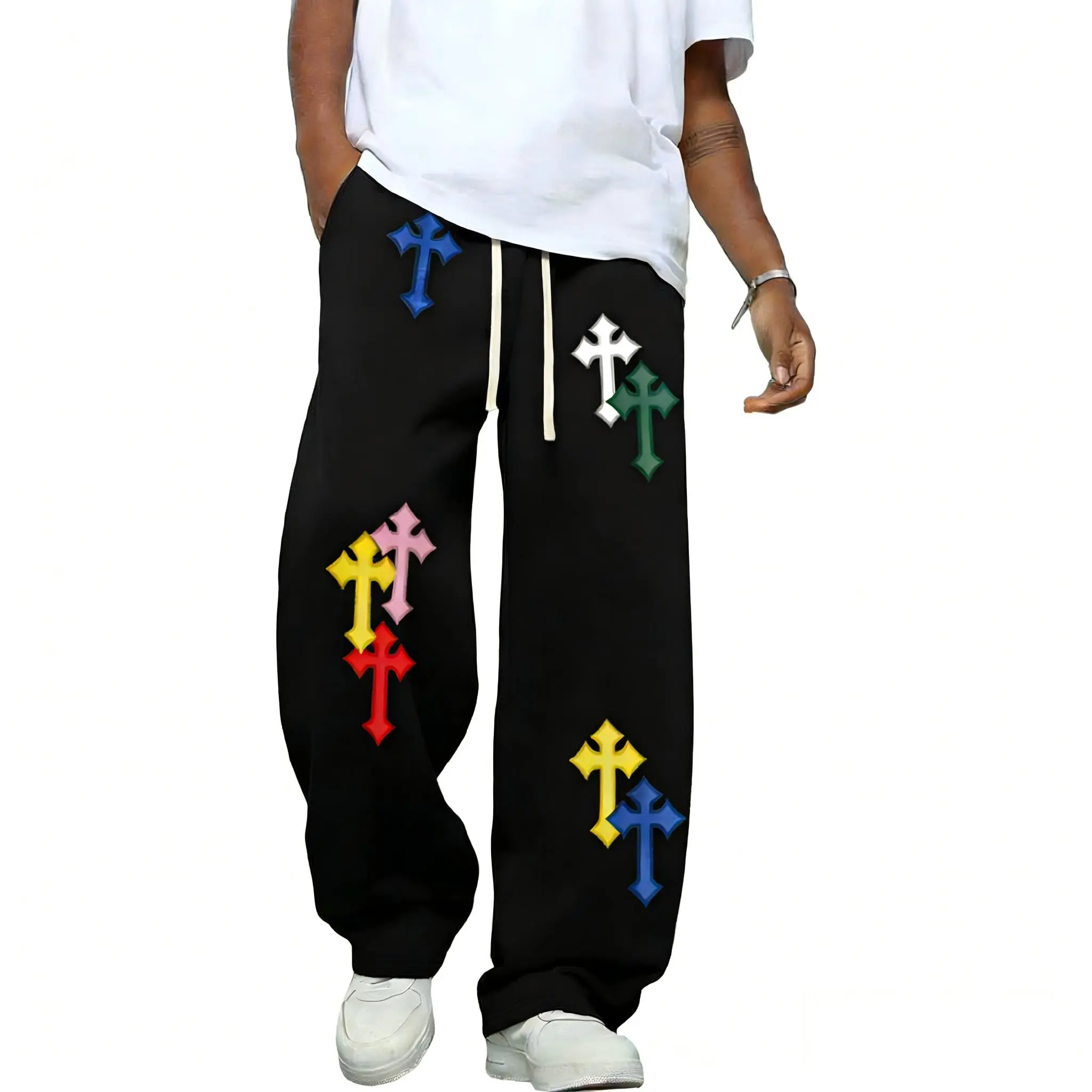 #SummerVibes Men's Y2K loose solid color sweatpants, heavyweight pure cotton work pants, wide-leg loose fit casual joggers with stylish prints, available in black and gray, 6 styles to choose from