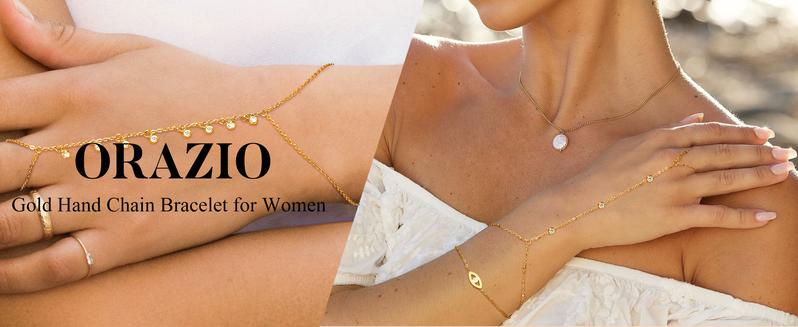 ORAZIO Gold Hand Chain Bracelet for Women Trendy, Dainty 14K Gold Ring Bracelet Hand Chain Finger Ring Stackable Link Bracelets Hand Jewelry Chains for Women Adjustable Waterproof